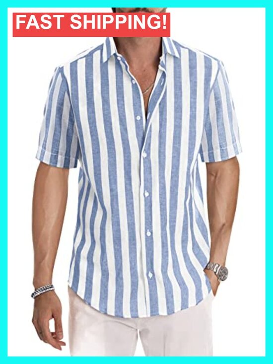 Other - Casual Short Sleeve Button-Up Striped Dress Shirt Cotton Blend Beach Shirt